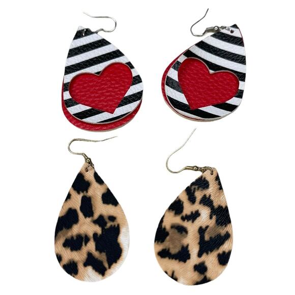 Faux Leather Teardrop Earrings Set of Two Leopard Print and Heart Cut Out - Picture 6 of 6